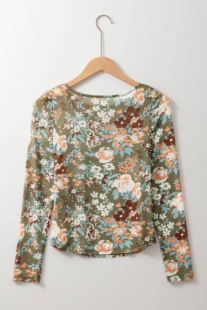 Sage Floral Mesh Long Sleeve Top