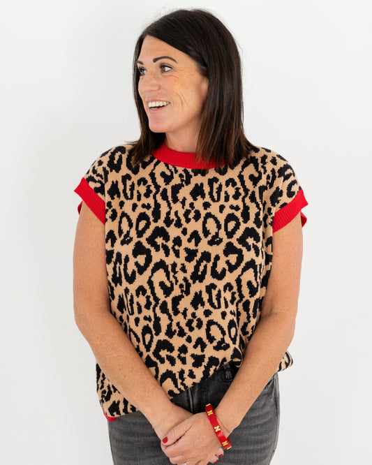 LEOPARD PRINT SLEEVELESS KNIT SWEATER VEST