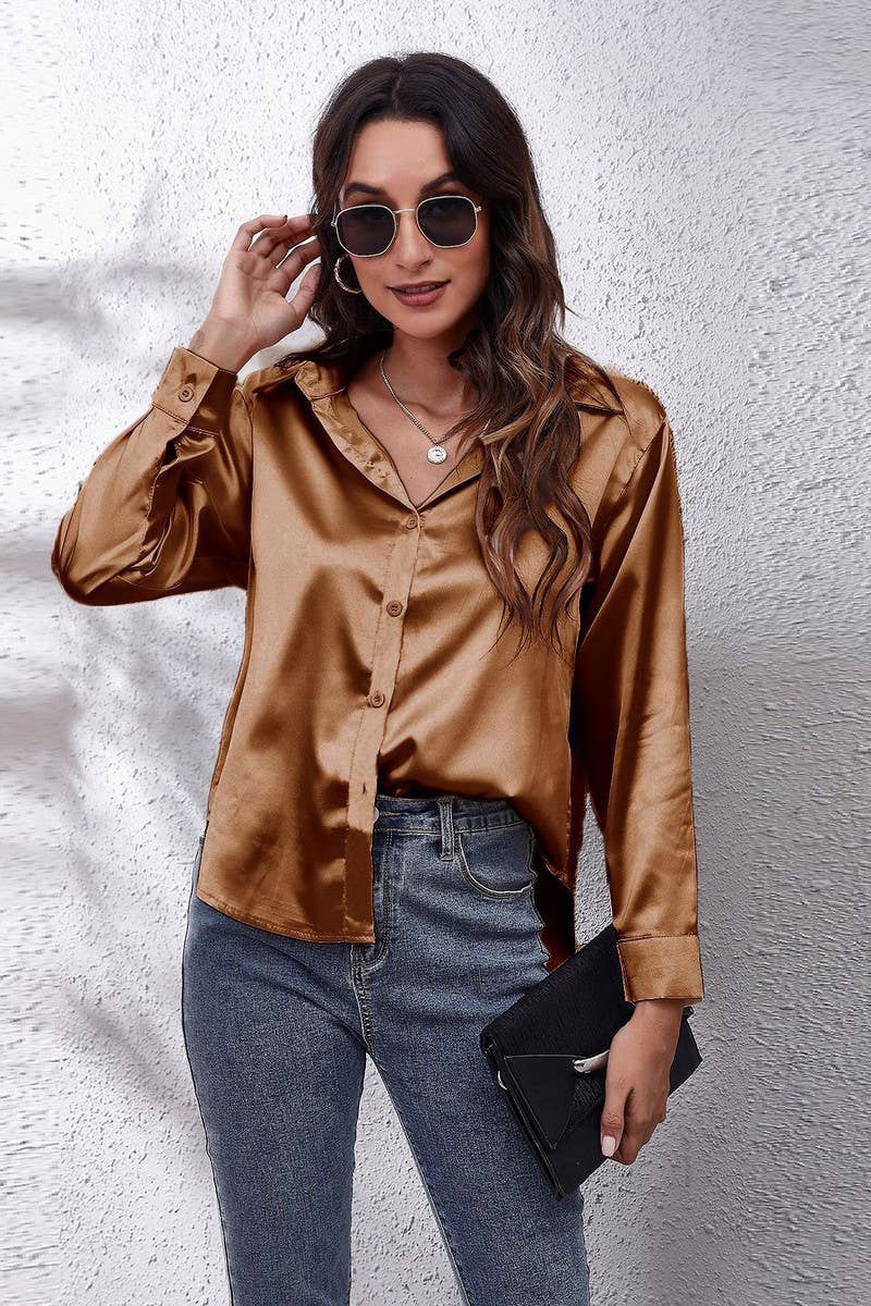 Button Down Satin Long Sleeve Top: White