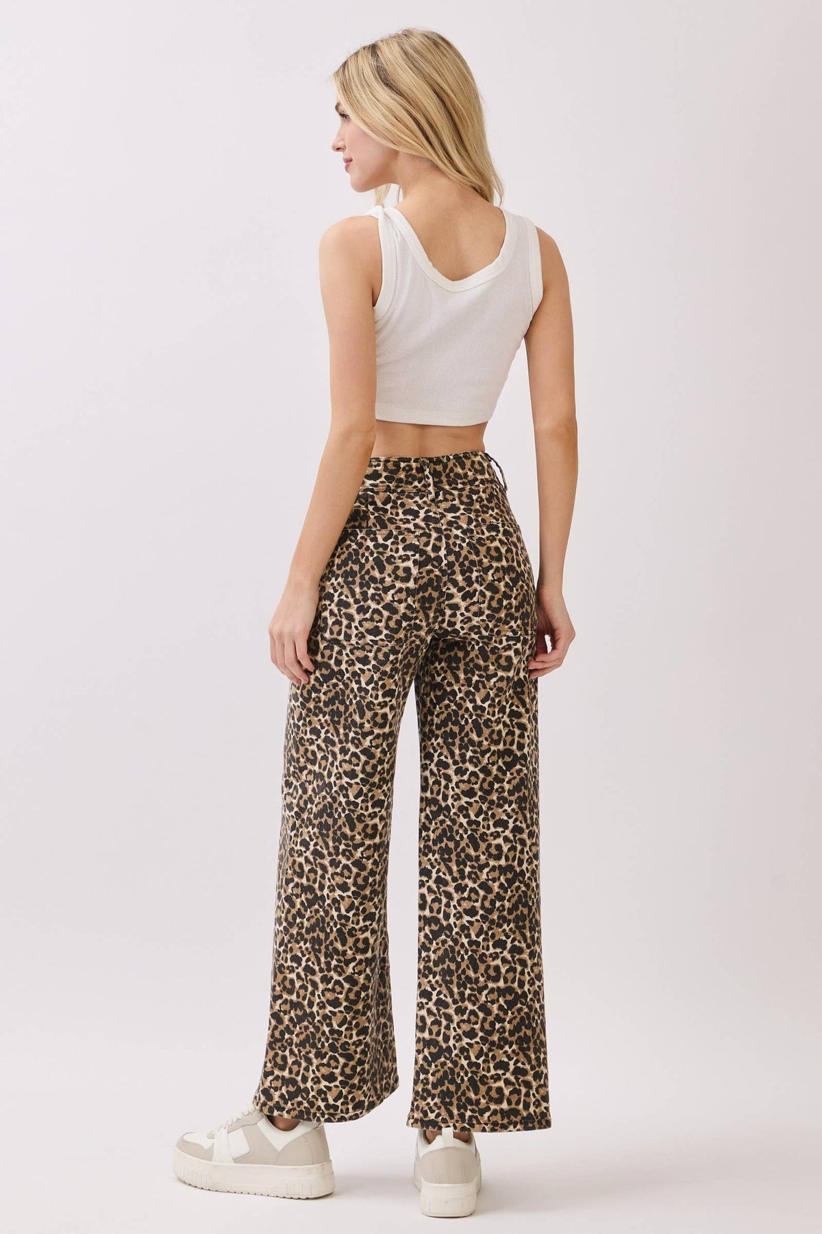 Stretch Twill Leopard Wide Leg Pants: BROWN