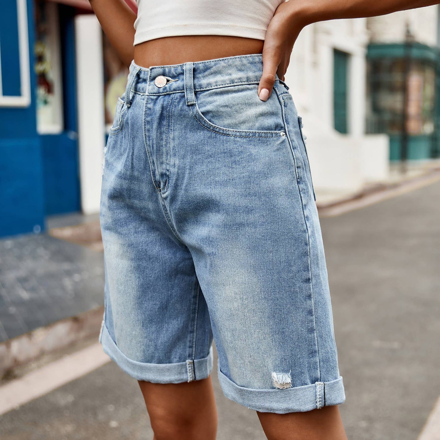 RIPPED AND CUFFED DENIM SHORTS