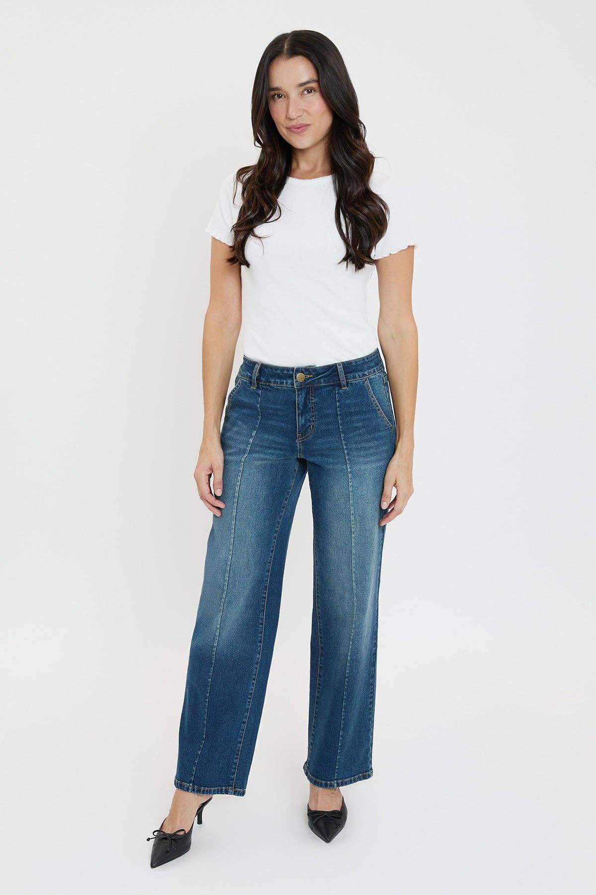 Mid Rise Front Seam Wide Leg Jeans