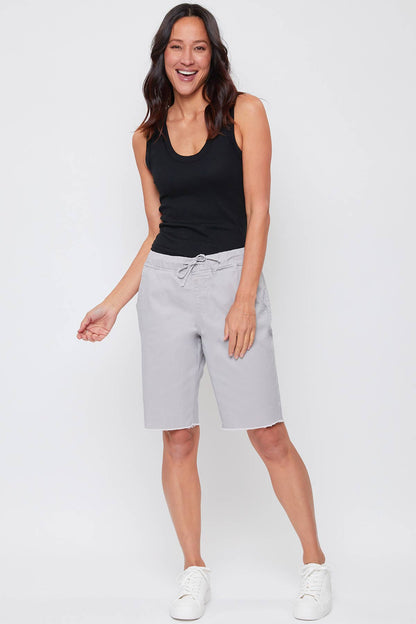 Drawstring Waist Bermuda With Fray Hem-Grey