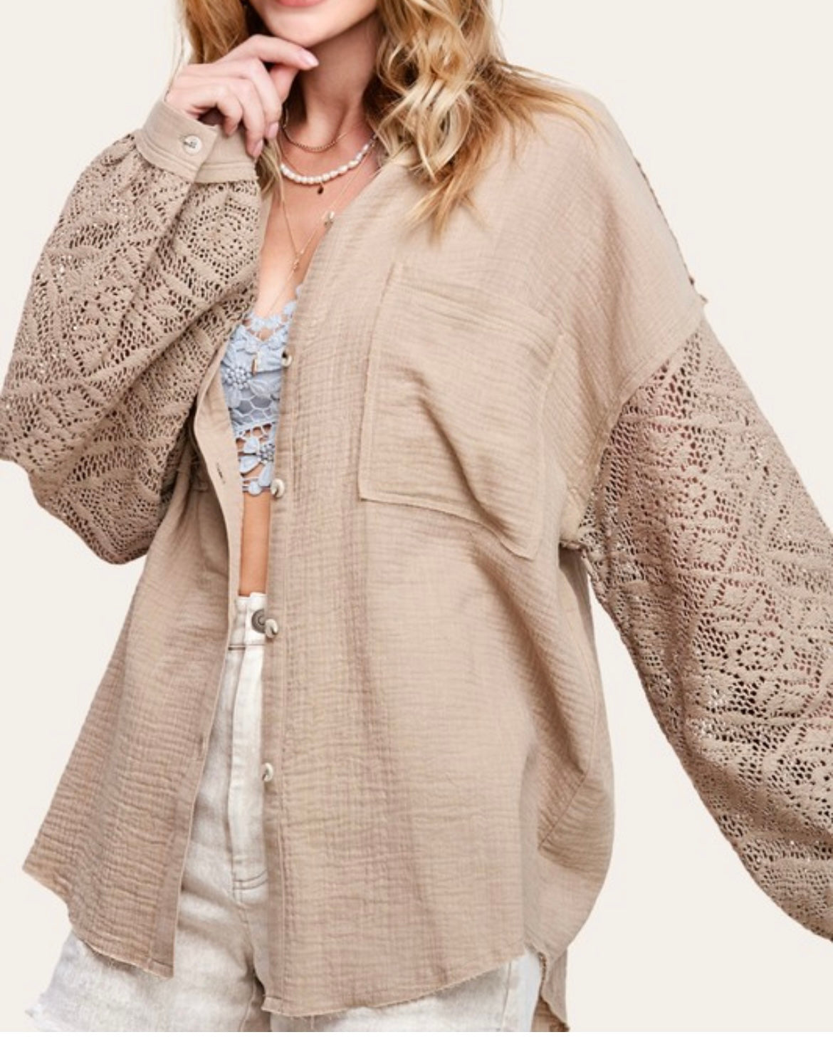 Crochet Trim Gauze Button Down