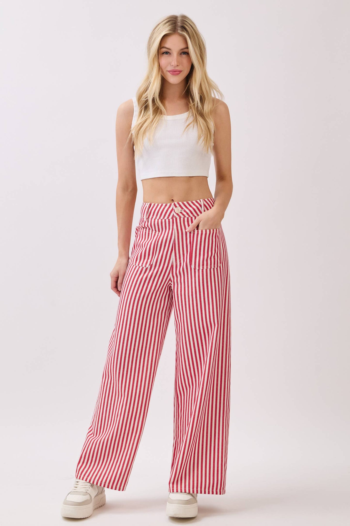 Lightweight Twill Stripe Wide Leg Pants (RED)