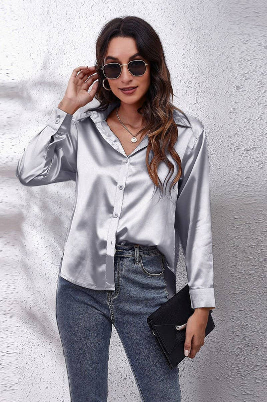 Button Down Satin Long Sleeve Top: GREY