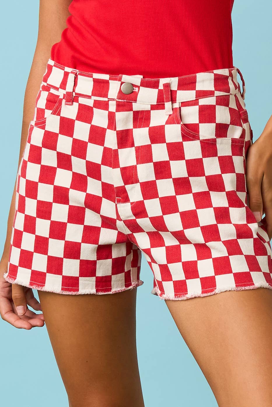 GAME DAY CHECKERED FRAYED HEM CASUAL SHORTS: RED