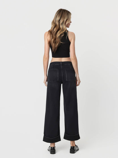 HR Elastic Waist Cuffed Wide Leg Jean-Black