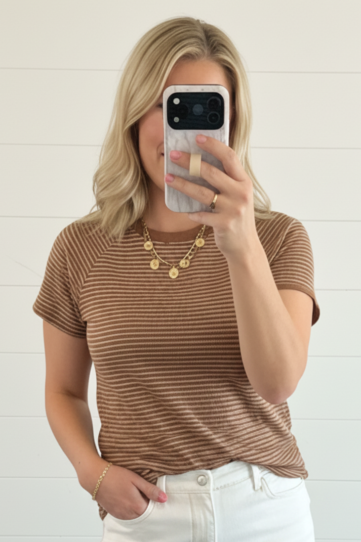 Textured Striped Raglan Tee: BROWN