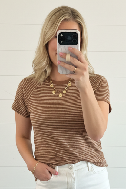 Textured Striped Raglan Tee: BROWN
