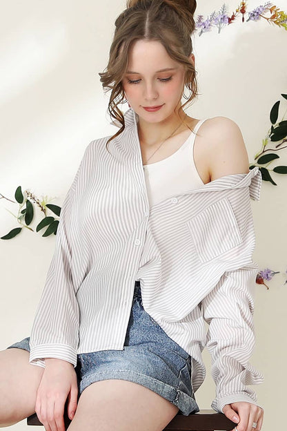 Striped Button Down Long Sleeve Shirt: GREYWHITE