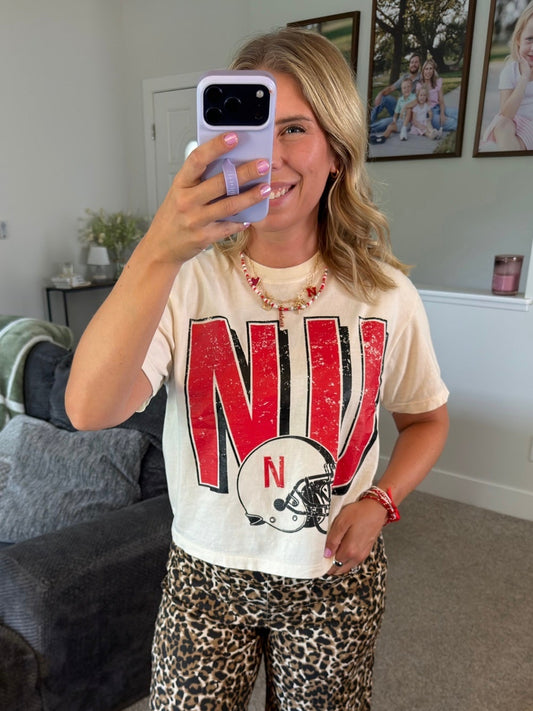 NU Football Ivory SS Long Cropped Tee