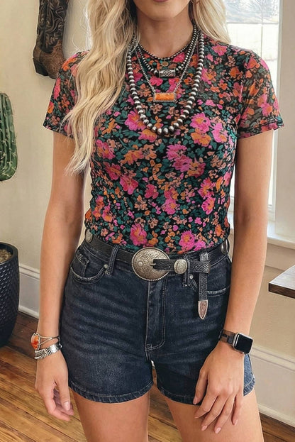 Floral Western Mesh Mock Neck Short Sleeve