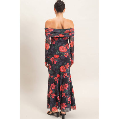 Off Shoulder Floral Mesh Dress
