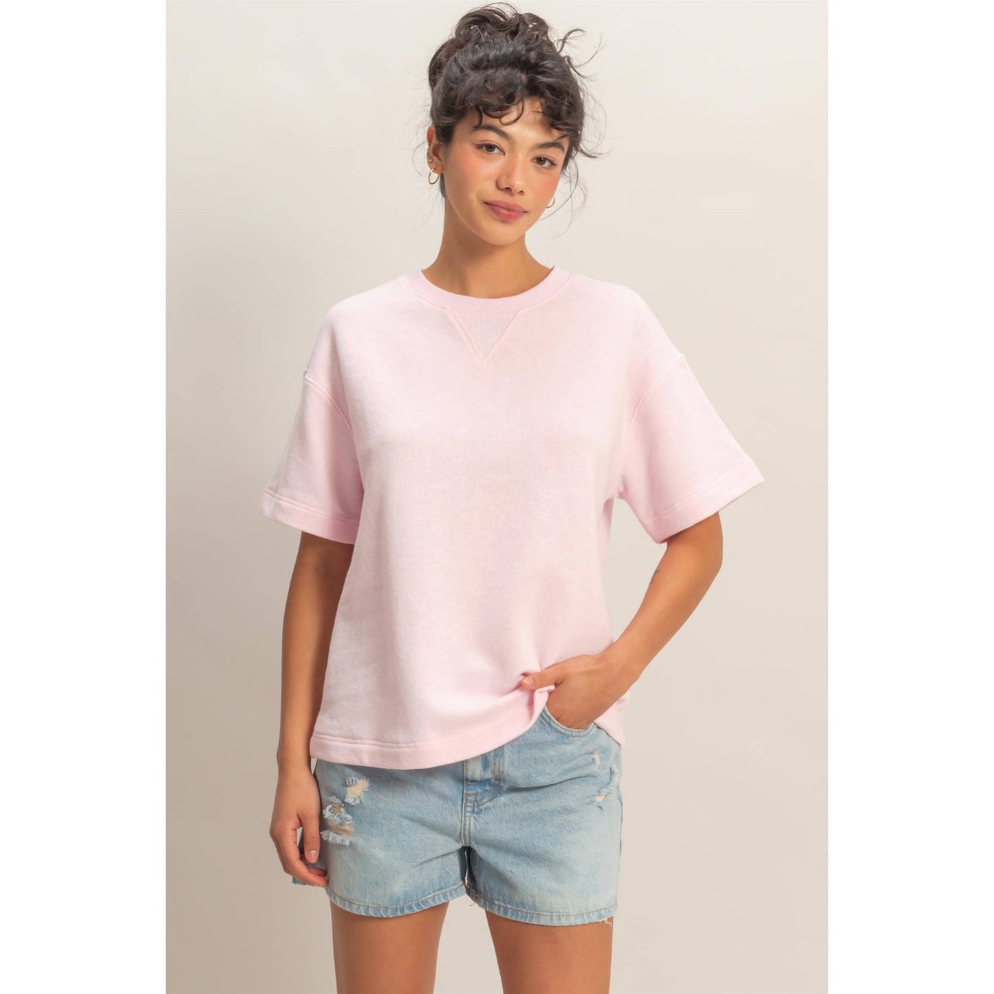 Crew Neck Short Sleeve Top: SOFT PINK