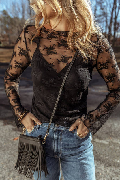 Lace Mesh Long Sleeve with Black Cami