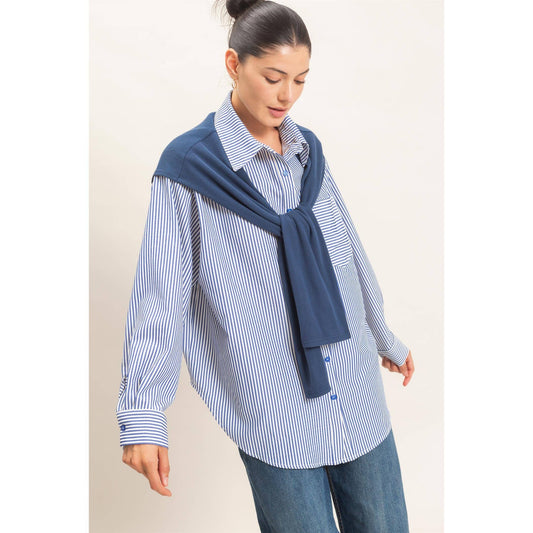 Striped Button-Up Shirt With Faux Tie: NAVY