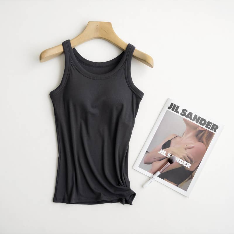 Rib Soft tank top w built in bra: Black