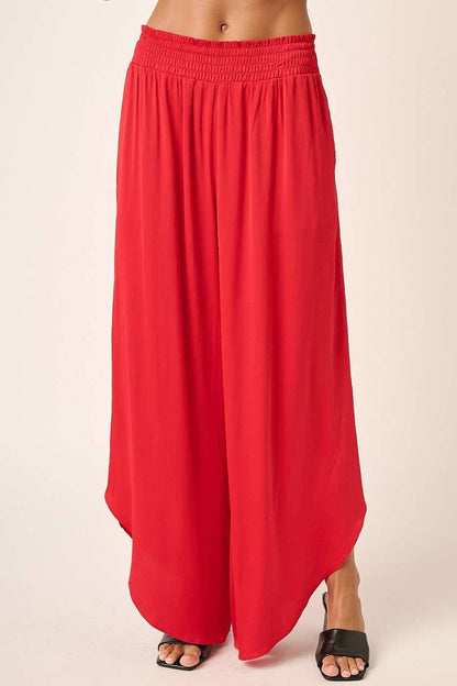 SATIN SMOCKED WAIST WIDE LEG PANTS
