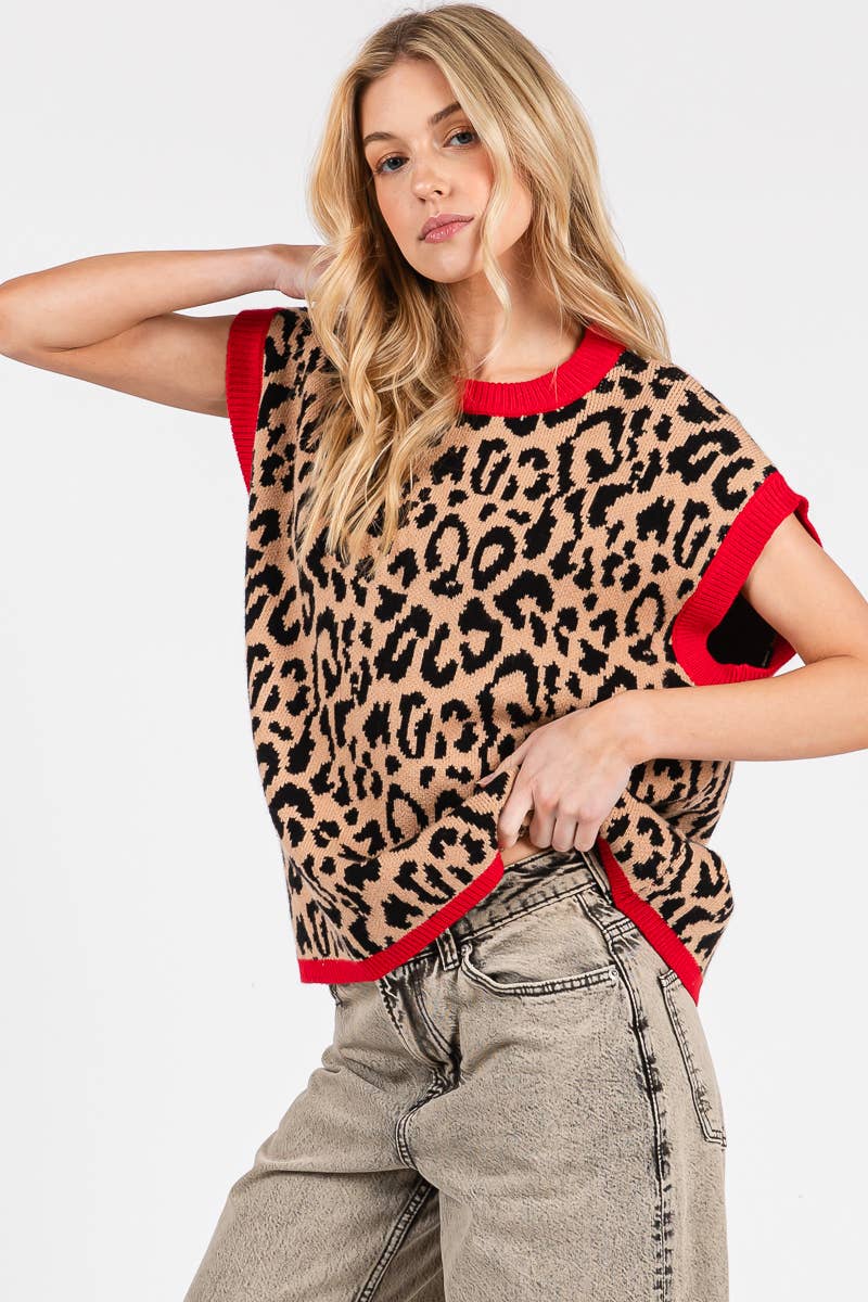 LEOPARD PRINT SLEEVELESS KNIT SWEATER VEST