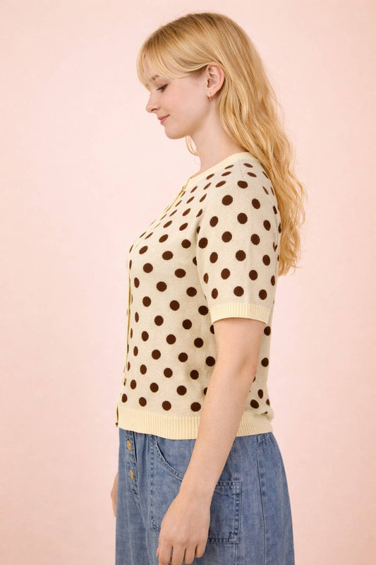 Polka Dot Button Down Cardigan: OATMEAL