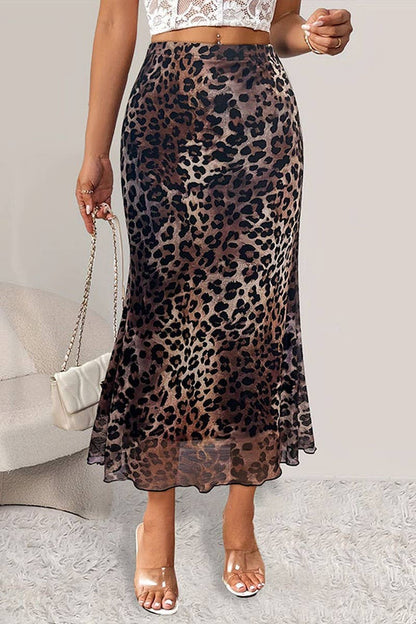 Leopard Print Stretch Mesh Skirt