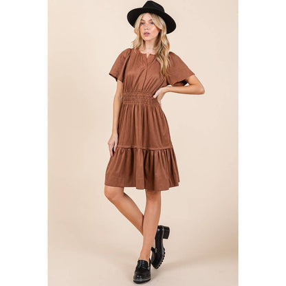 Smocked Waist Short Sleeve Dress: Mocha