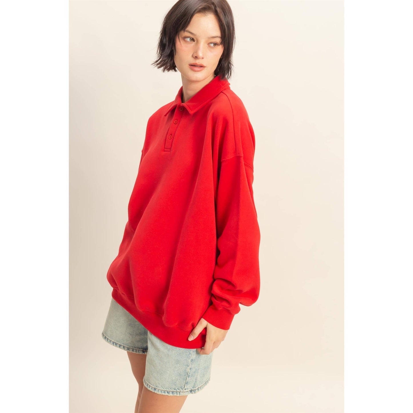 Oversized Polo Collared Pullover: RED