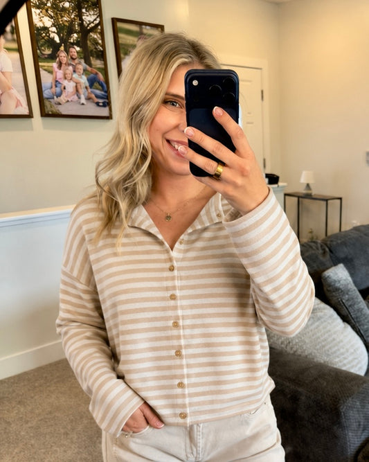 Beige & Off White Striped Cardigan