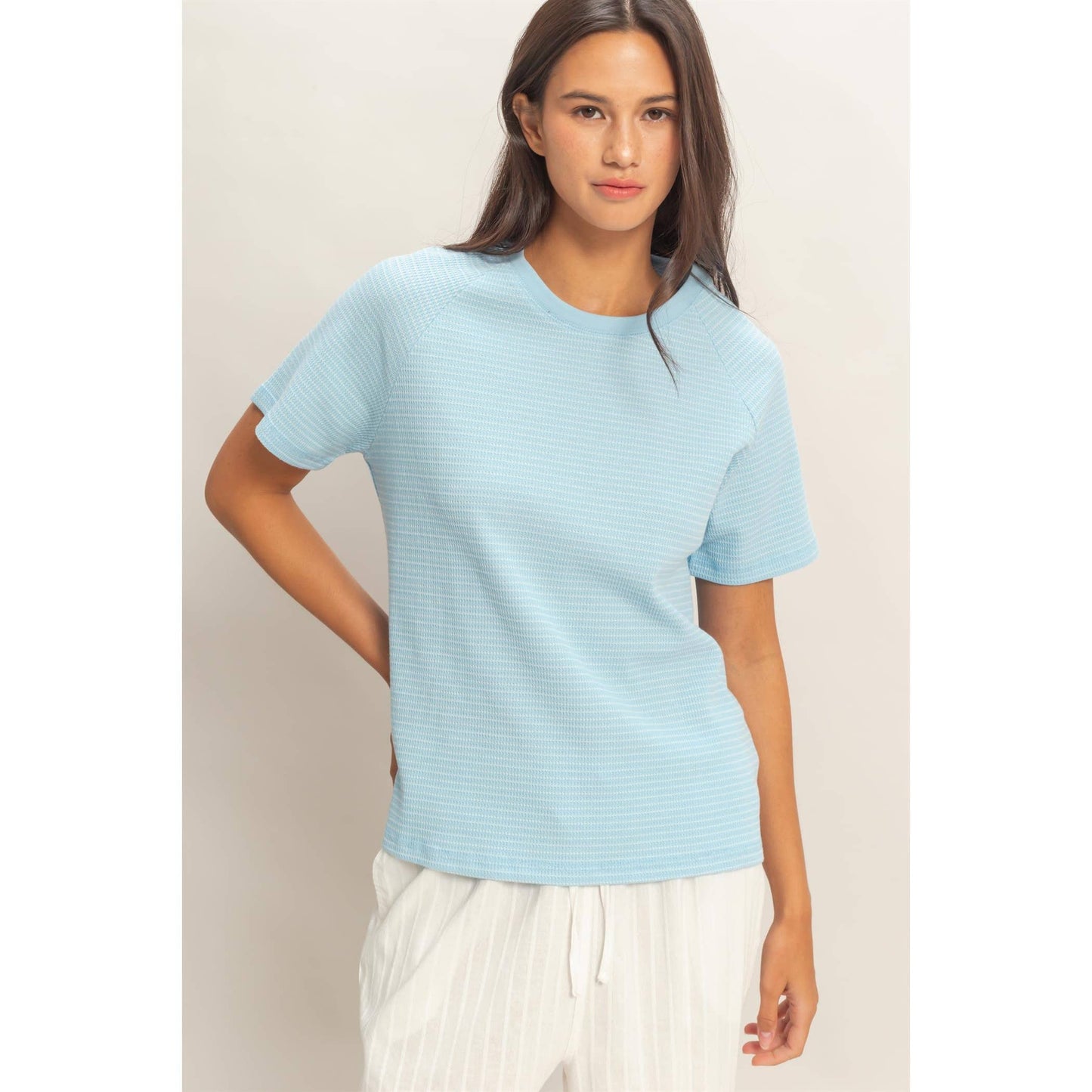 Textured Striped Raglan Sleeve Tee: BABY BLUE