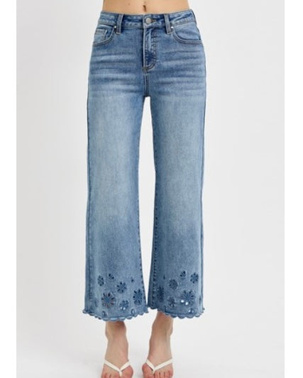 High Rise Crop Floral Cut Out Denim