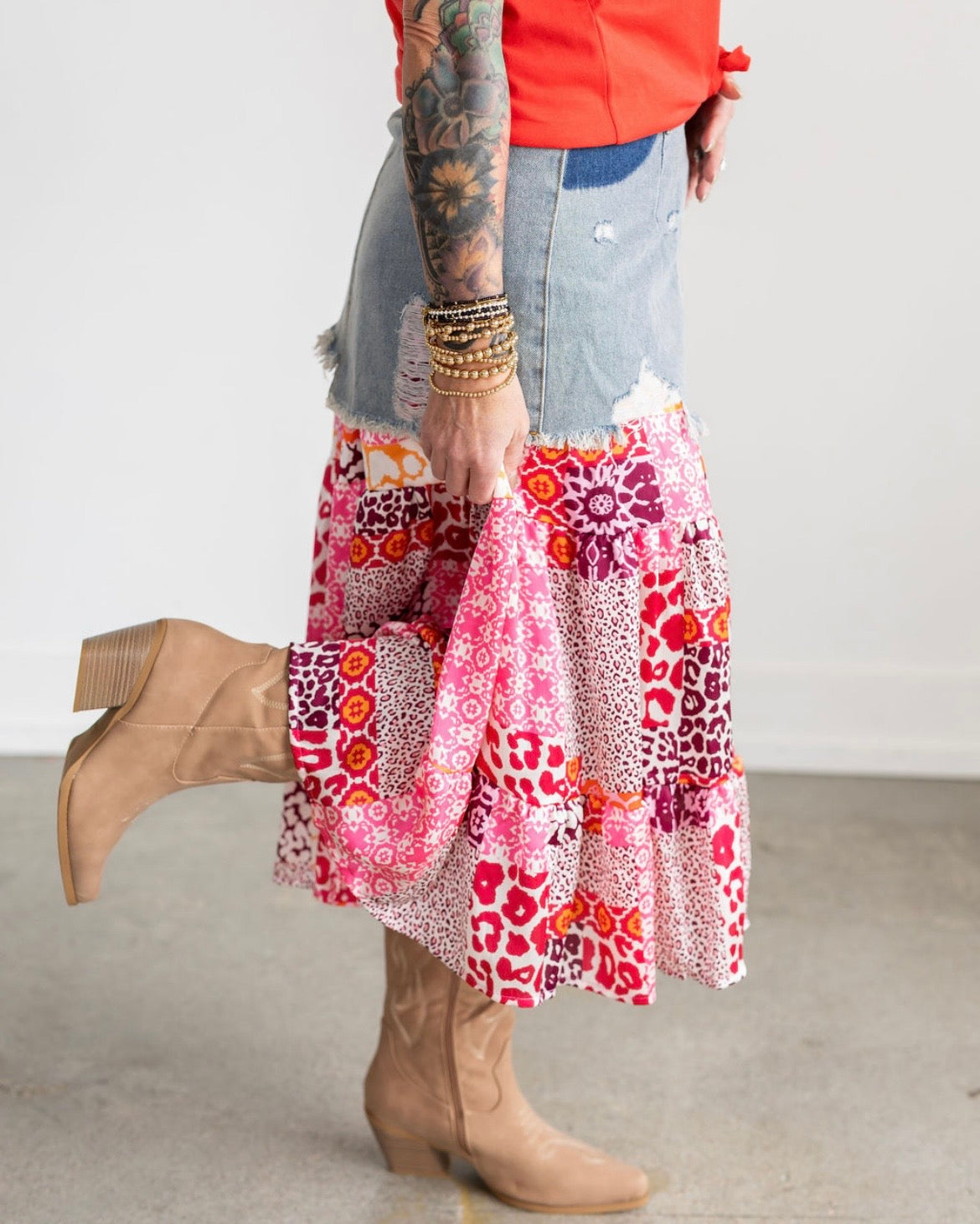 Printed Denim Floral Skirt