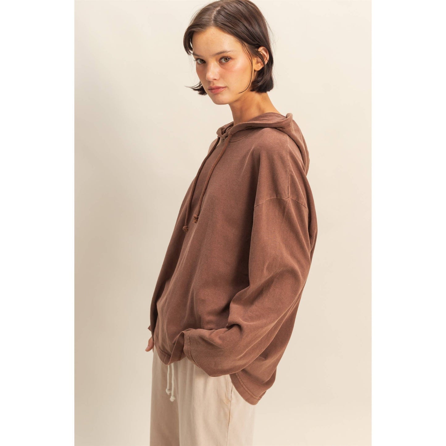 Oversized Hooded Long-Sleeve Top: CHESTNUT