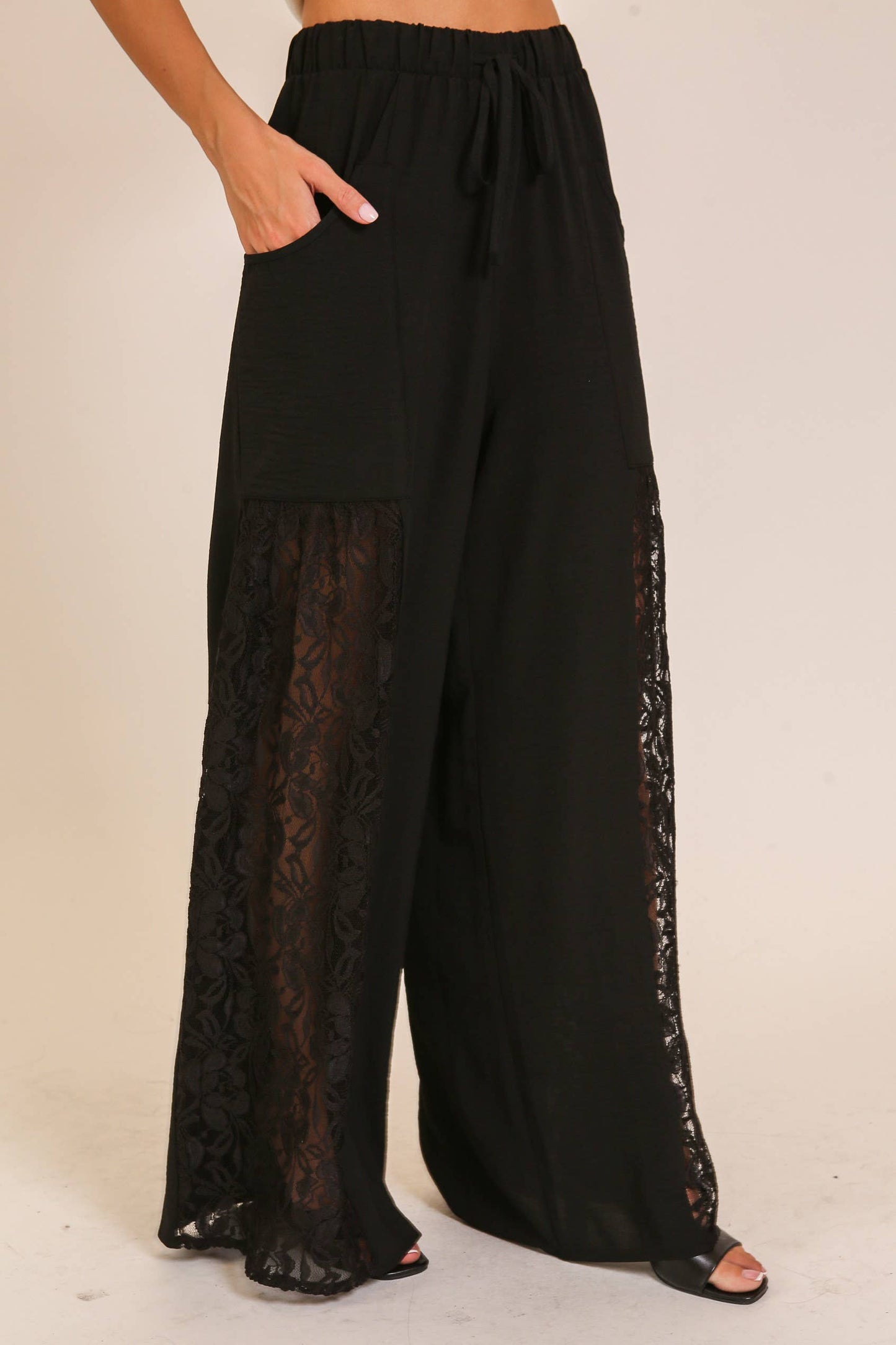 Wide Leg Lace Panel Pants: Black