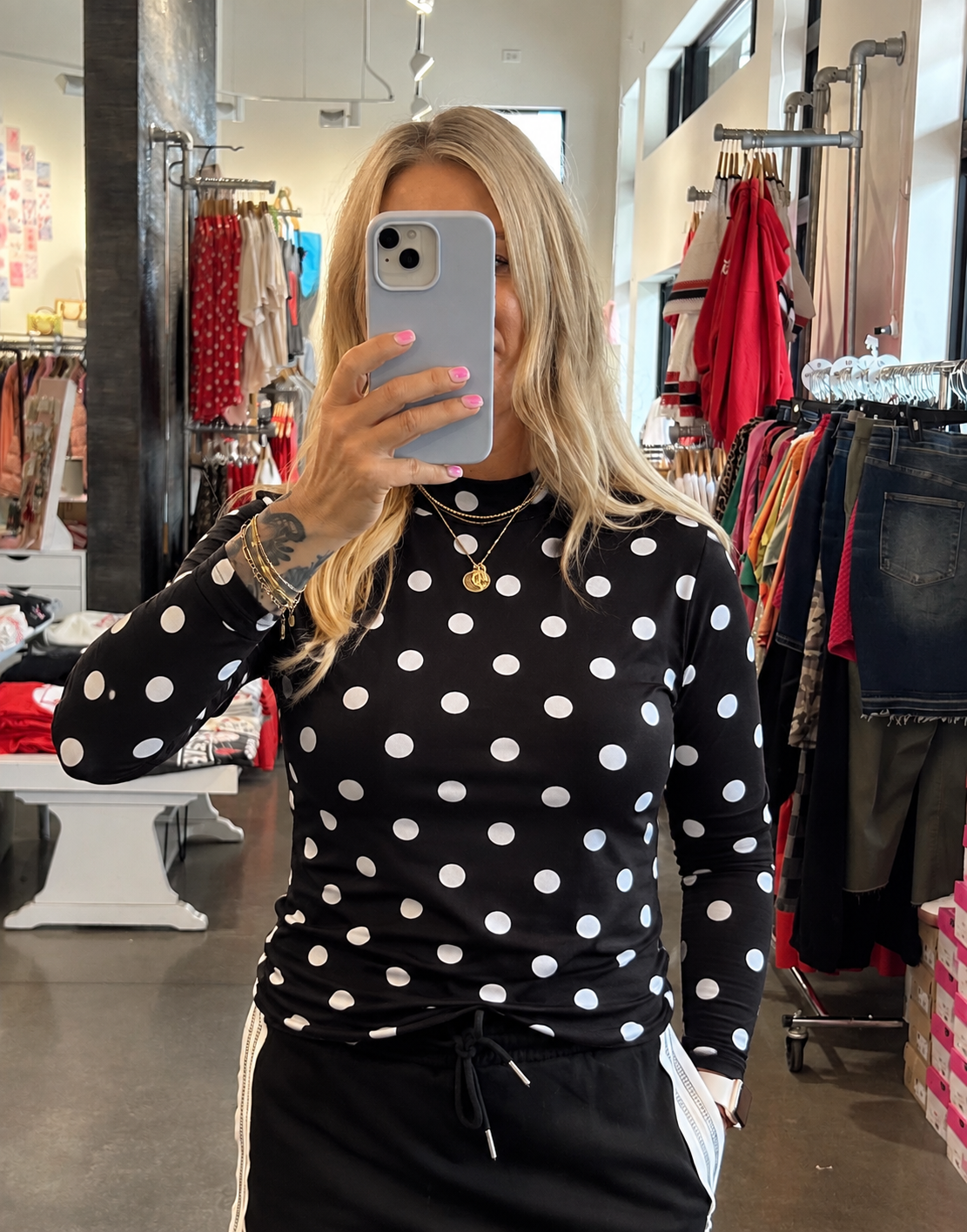 Gameday Black and White Polka Dot Mesh Top