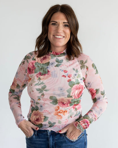 Pink & Green Floral Mesh Top