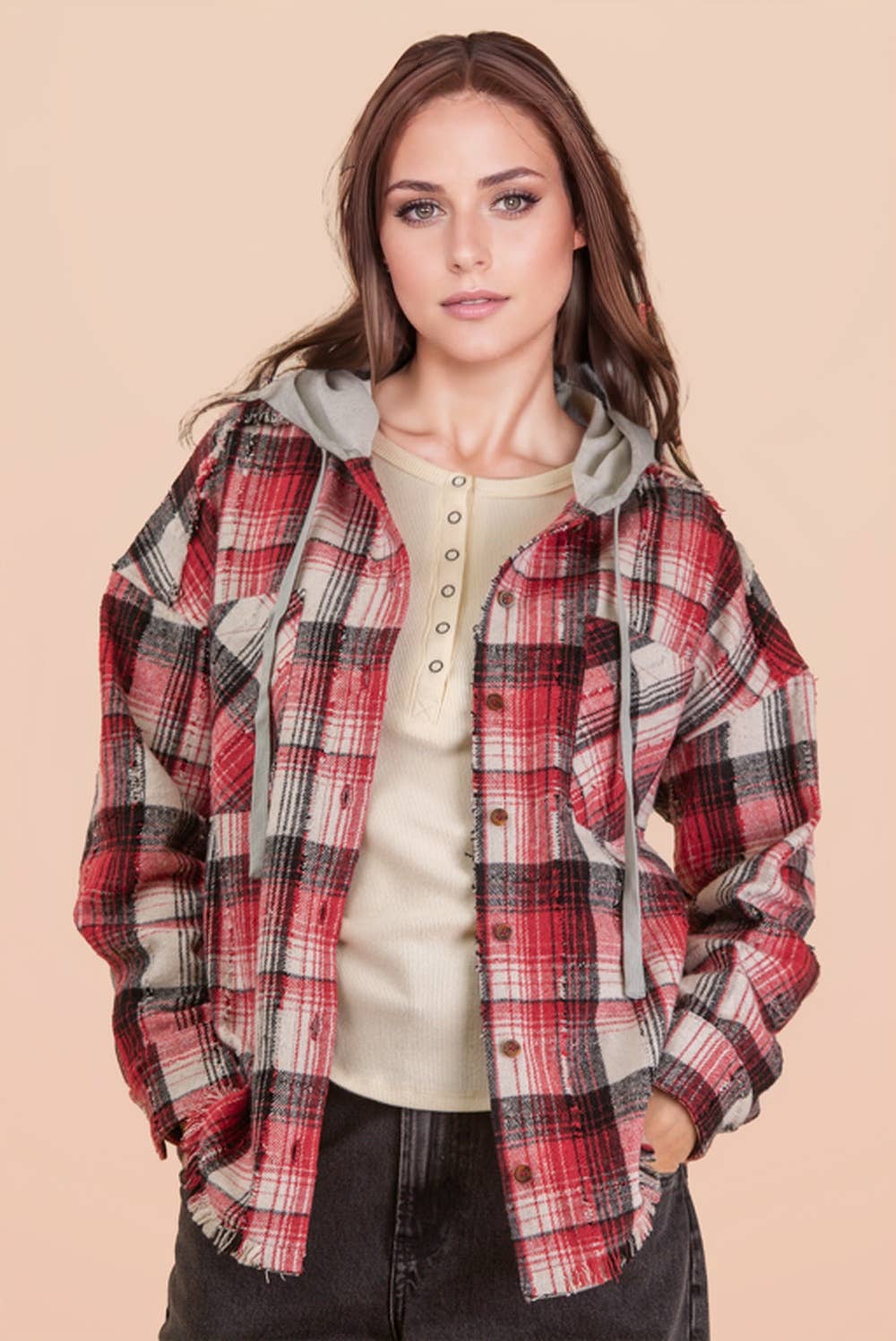 Oversized Flannel Hooded Button Down Jacket: RED MIX