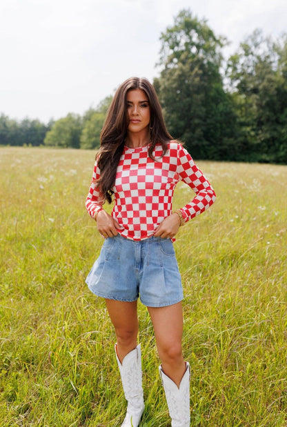 Red Checkerboard Mesh Top