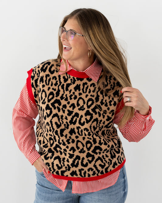 LEOPARD PRINT SLEEVELESS KNIT SWEATER VEST