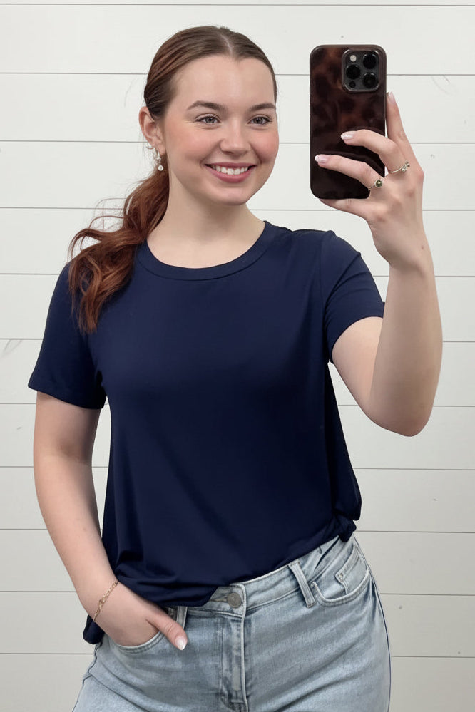 BAMBOO ROUND NECK SHORT SLEEVE TOP-NAVY