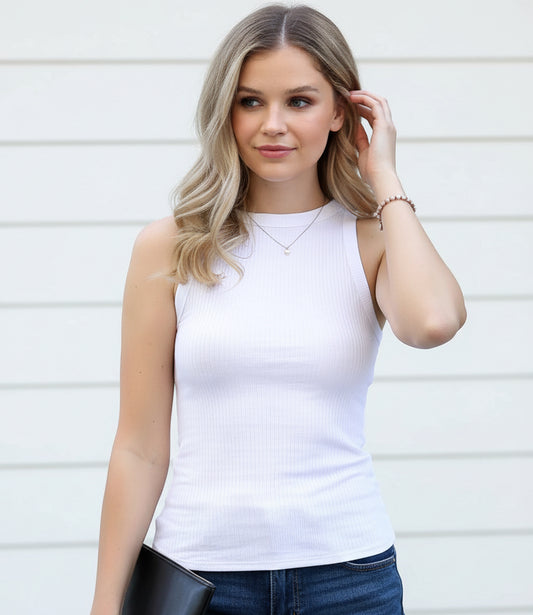 Ribbed High Neck Tank Top: WHITE