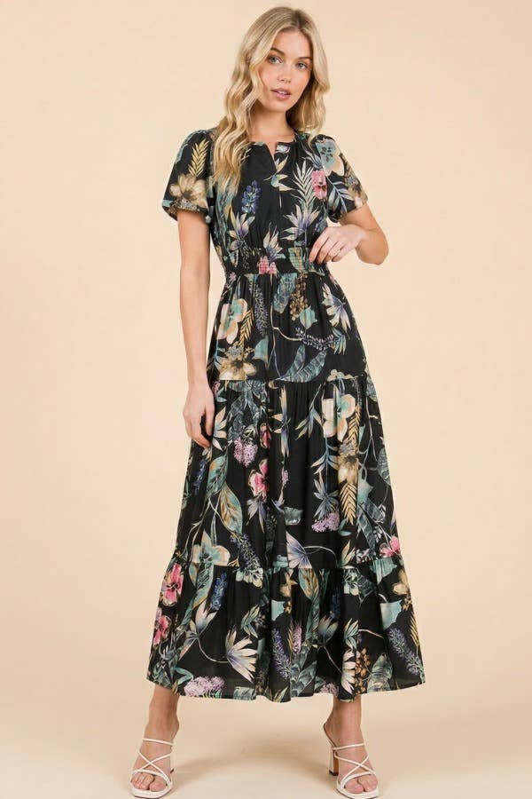 Floral Print Tiered Maxi Dress: Black