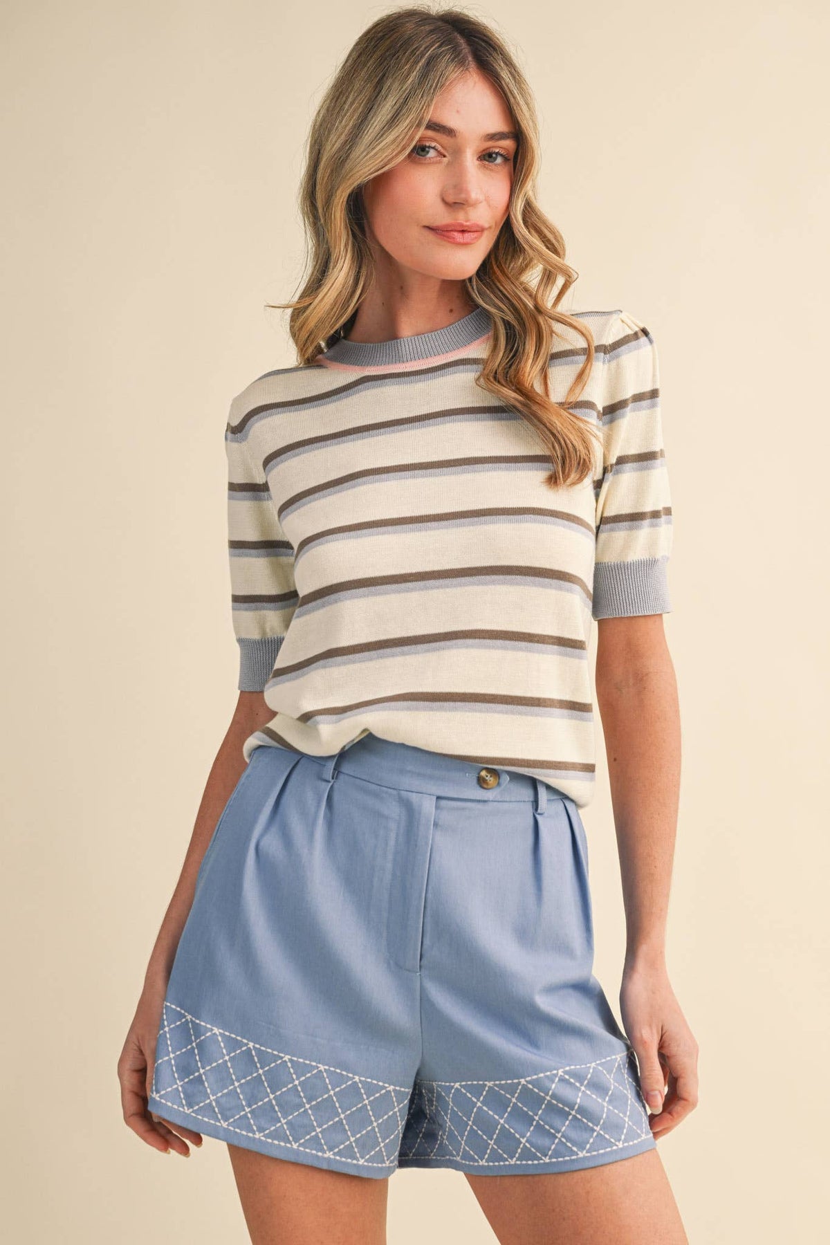 Striped Short Sleeve Sweater: Ivory/Brown/Blue