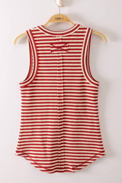 Striped Button Down Fitted Knit Tank Top: RED STRIPE