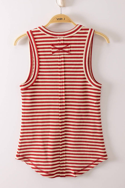 Striped Button Down Fitted Knit Tank Top: RED STRIPE