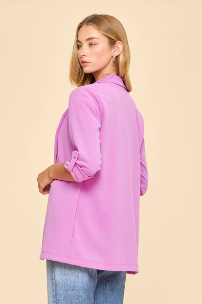 Open Front Boyfriend Blazer: Orchid Glow