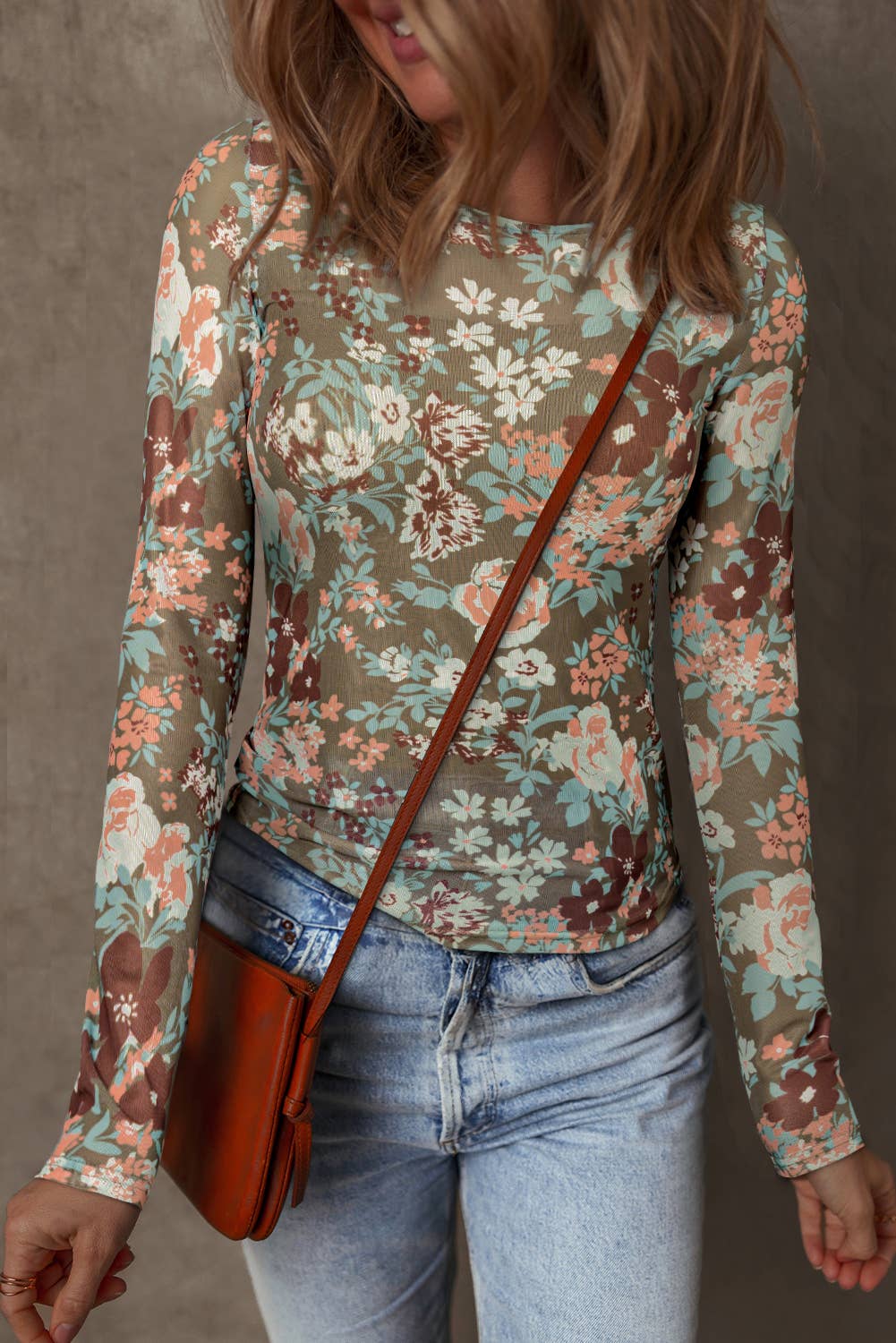 Sage Floral Mesh Long Sleeve Top