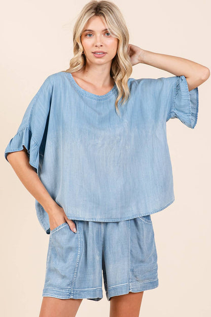 WASHED CHAMBRAY ELASTIC WAIST EASY FIT SHORTS: LT DENIM