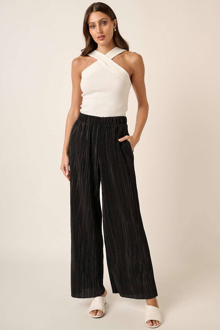 PLEATED SATIN ELASTIC WAIST WIDE LEG PANTS