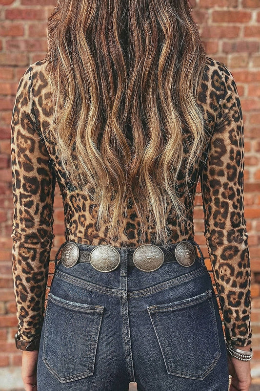 Western Mesh Mock Neck Leopard Long Sleeve